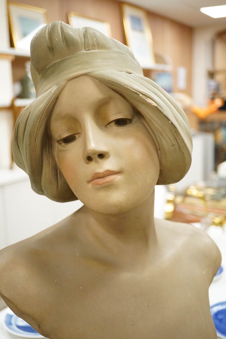 After Georges Trinque (1844-1930), a Art Nouveau terracotta ‘Sapho’ bust, 58cm high